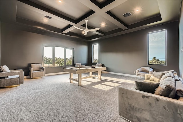 game room featuring beam ceiling, carpet flooring, baseboards, recessed lighting, and coffered ceiling