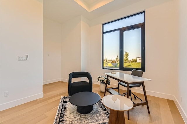 office space with light wood finished floors and baseboards