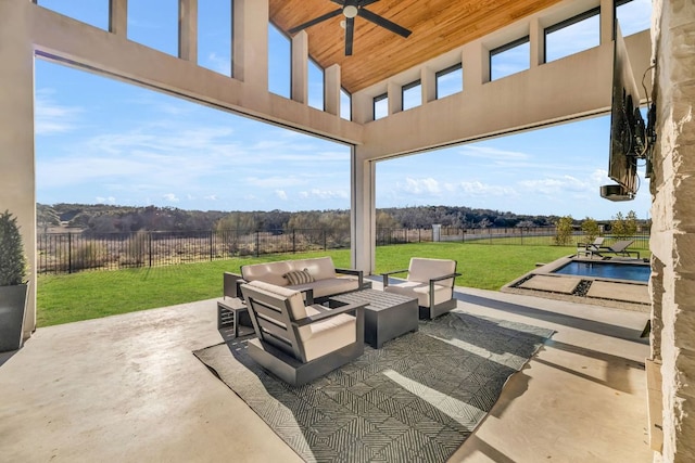 420 Waters Edge Cv, Dripping Springs, TX 78620 - view of patio featuring an outdoor living space, ceiling fan, and a fenced backyard