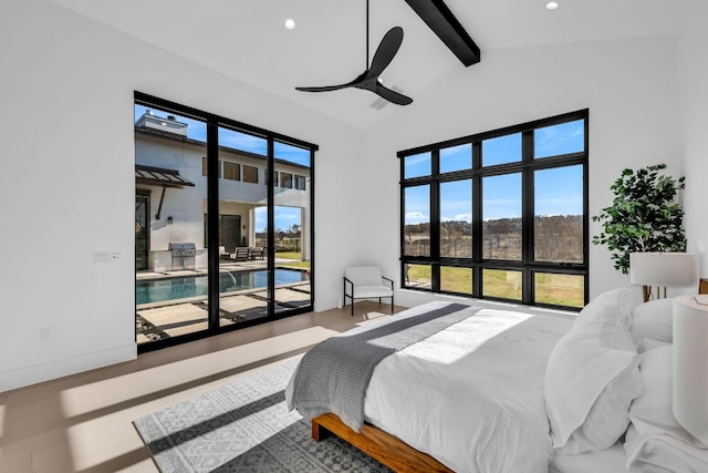420 Waters Edge Cv, Dripping Springs, TX 78620 - bedroom featuring recessed lighting, a ceiling fan, vaulted ceiling with beams, and access to exterior