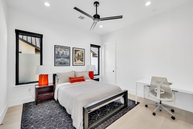 420 Waters Edge Cv, Dripping Springs, TX 78620 - bedroom with baseboards, recessed lighting, visible vents, and a ceiling fan