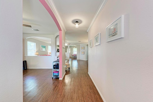 117 Easy St, Hutto, TX 78634 - hall with ornamental molding, wood finished floors, baseboards, and arched walkways