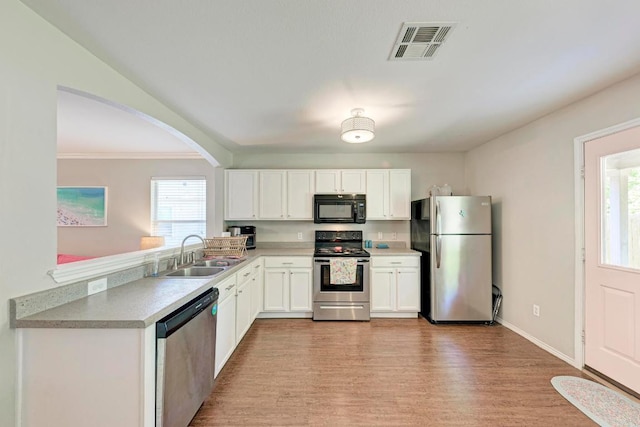 117 Easy St, Hutto, TX 78634 - kitchen featuring stainless steel appliances, a sink, plenty of natural light, white cabinetry, and crown molding