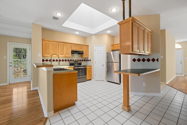 2300 Nevins Cv, Lago Vista, TX 78645 - kitchen with appliances with stainless steel finishes, under cabinet range hood, a peninsula, backsplash, and recessed lighting