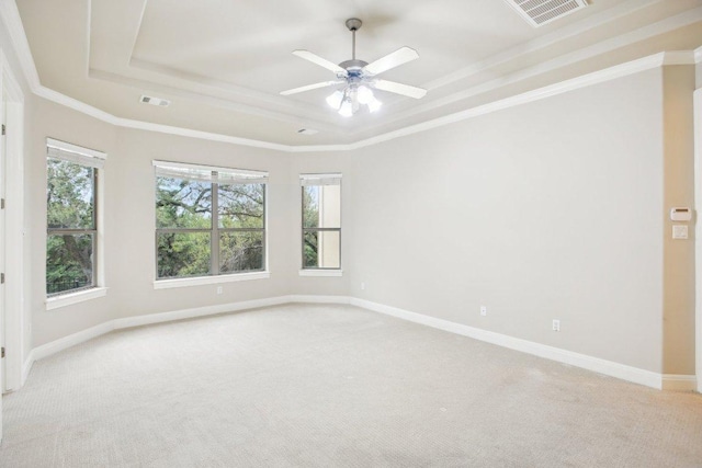 unfurnished room with a tray ceiling, visible vents, and a wealth of natural light