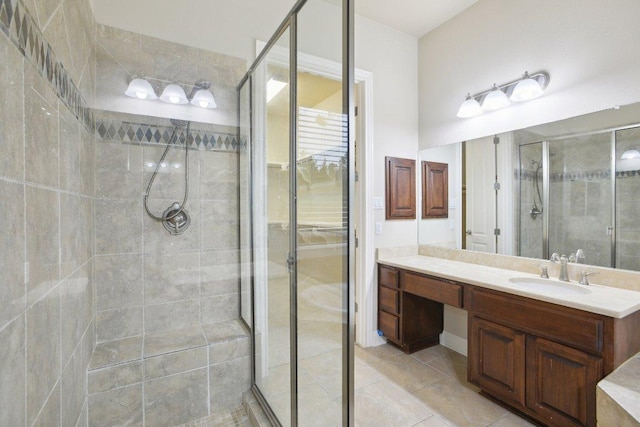 full bathroom featuring vanity, tile patterned flooring, and a shower stall