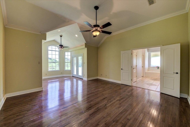 200 Matzig Cv, Buda, TX 78610 - unfurnished room featuring ceiling fan, dark wood-style floors, baseboards, ornamental molding, and lofted ceiling