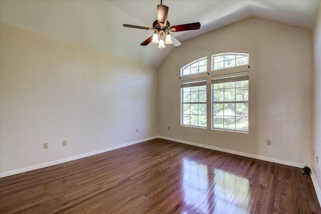 200 Matzig Cv, Buda, TX 78610 - empty room with dark wood-style floors, vaulted ceiling, ceiling fan, and baseboards
