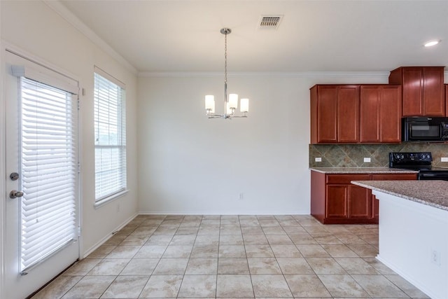 339 Alamosa Dr, Georgetown, TX 78626 - kitchen featuring black appliances, a chandelier, tasteful backsplash, ornamental molding, and hanging light fixtures