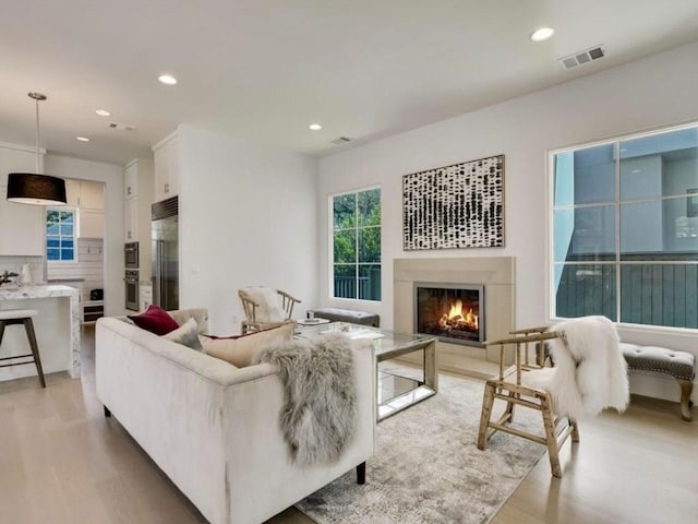 2000 Raleigh Ave, Austin, TX 78703 - living room with light wood-type flooring, a warm lit fireplace, and recessed lighting