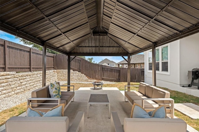 124 Adina Dr, Dripping Springs, TX 78620 - fenced backyard with outdoor lounge area, a gazebo, and a patio