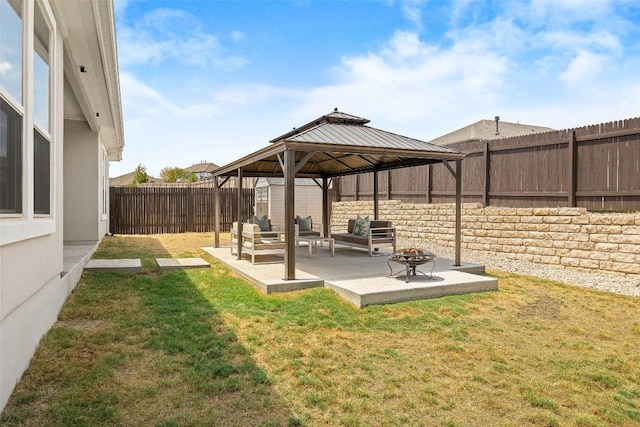 124 Adina Dr, Dripping Springs, TX 78620 - view of yard with a gazebo, a patio area, and an outdoor living space with a fire pit