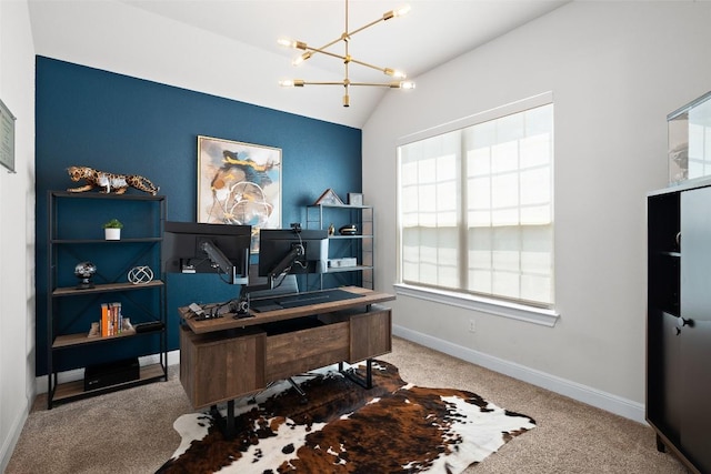 124 Adina Dr, Dripping Springs, TX 78620 - carpeted office space with a chandelier, baseboards, and lofted ceiling