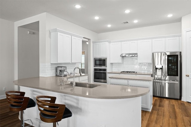 124 Adina Dr, Dripping Springs, TX 78620 - kitchen with appliances with stainless steel finishes, a sink, under cabinet range hood, a peninsula, and dark wood-type flooring