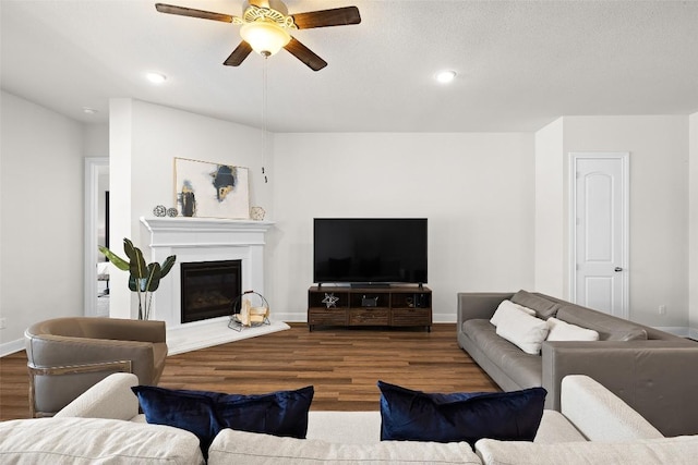 124 Adina Dr, Dripping Springs, TX 78620 - living room featuring a ceiling fan, wood finished floors, baseboards, a glass covered fireplace, and recessed lighting