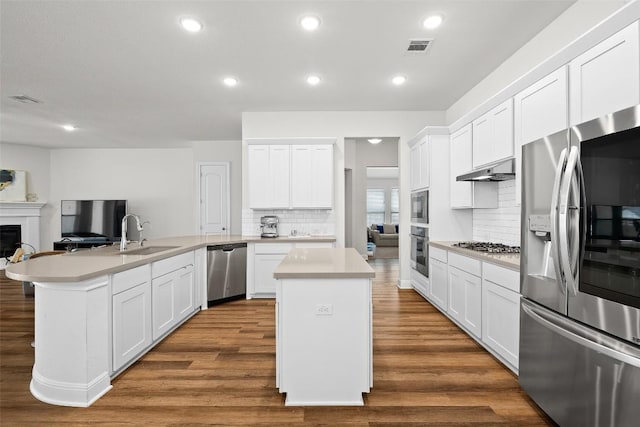 124 Adina Dr, Dripping Springs, TX 78620 - kitchen with appliances with stainless steel finishes, a sink, a peninsula, a kitchen island, and light countertops