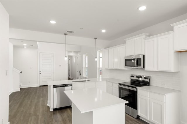 2035 Cora Ivy Loop, Round Rock, TX 78665 - kitchen with appliances with stainless steel finishes, a sink, a peninsula, tasteful backsplash, and light countertops