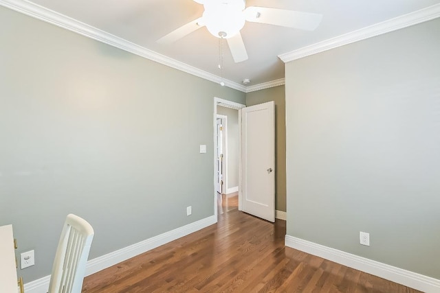 1308 Kinney Ave, Austin, TX 78704 - unfurnished office with a ceiling fan, crown molding, wood finished floors, and baseboards