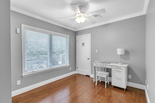 1308 Kinney Ave, Austin, TX 78704 - office area featuring a ceiling fan, hardwood / wood-style floors, ornamental molding, and baseboards