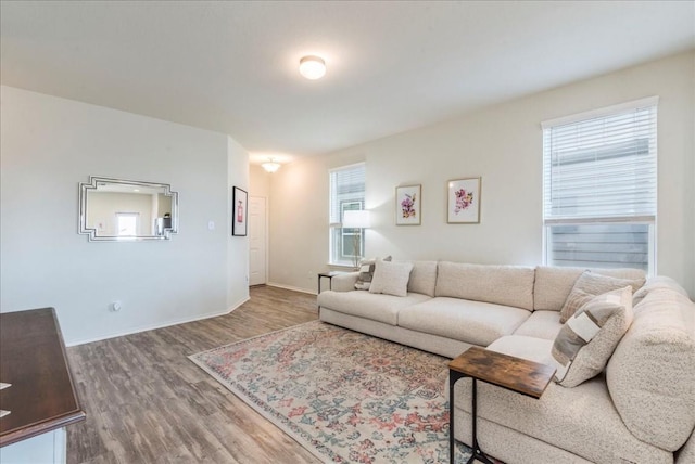 living area featuring wood finished floors and baseboards