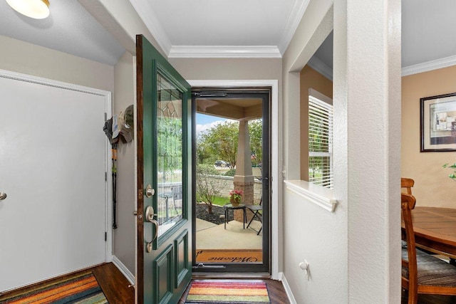 308 Hobby St, Georgetown, TX 78633 - foyer entrance with dark wood-style floors, ornamental molding, and baseboards