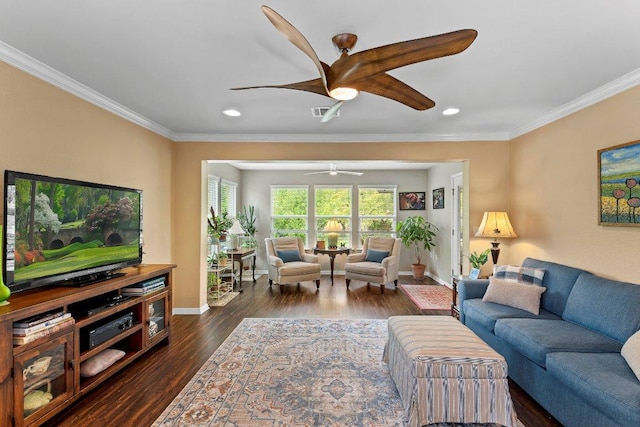 308 Hobby St, Georgetown, TX 78633 - living area featuring crown molding, ceiling fan, dark wood finished floors, baseboards, and recessed lighting