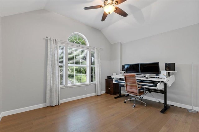 6301 Harrogate Dr, Austin, TX 78759 - office space with vaulted ceiling, healthy amount of natural light, wood finished floors, ceiling fan, and baseboards