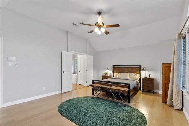 6301 Harrogate Dr, Austin, TX 78759 - bedroom with lofted ceiling, light wood-style floors, baseboards, and a ceiling fan