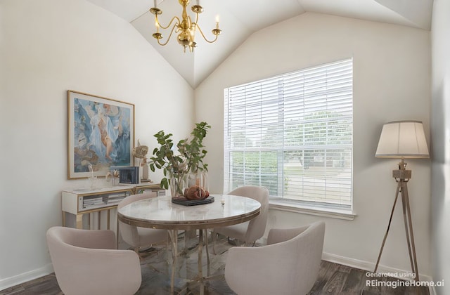 211 Warner Bnd, Hutto, TX 78634 - dining area featuring a chandelier, vaulted ceiling, wood finished floors, and baseboards