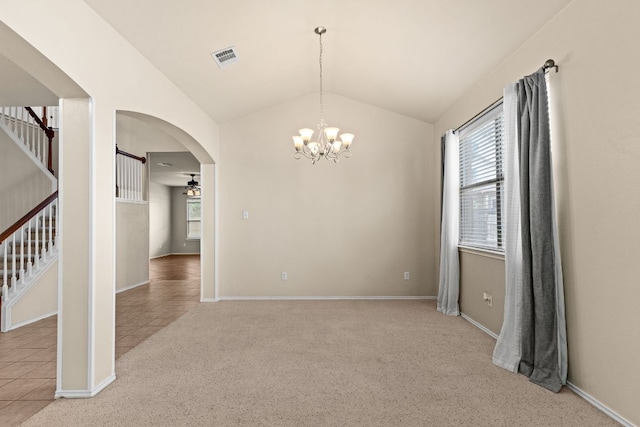 5405 English Oak Dr, Killeen, TX 76542 - carpeted spare room featuring arched walkways, stairway, visible vents, and vaulted ceiling