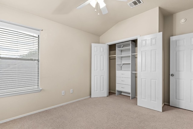5405 English Oak Dr, Killeen, TX 76542 - unfurnished bedroom with ceiling fan, a closet, visible vents, light carpet, and lofted ceiling