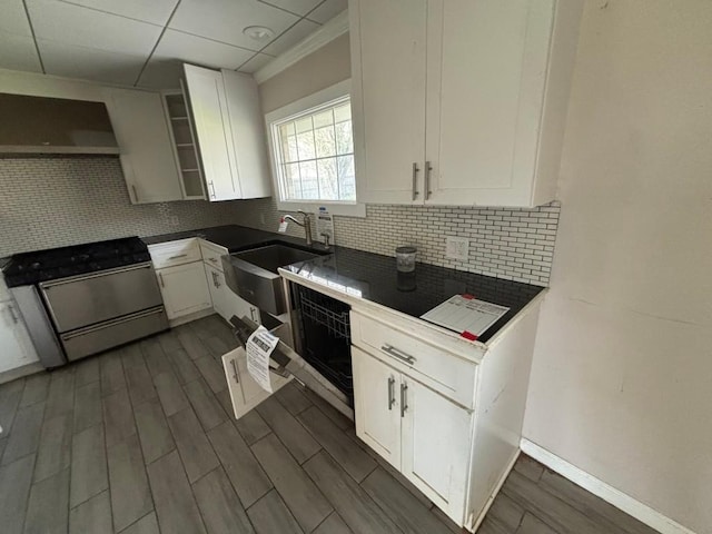 1008 W Pietzsch St, Bartlett, TX 76511 - kitchen featuring gas range oven, a sink, white cabinets, dark wood-style floors, and decorative backsplash