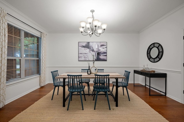 dining area with baseboards, a notable chandelier, crown molding, and dark wood-type flooring