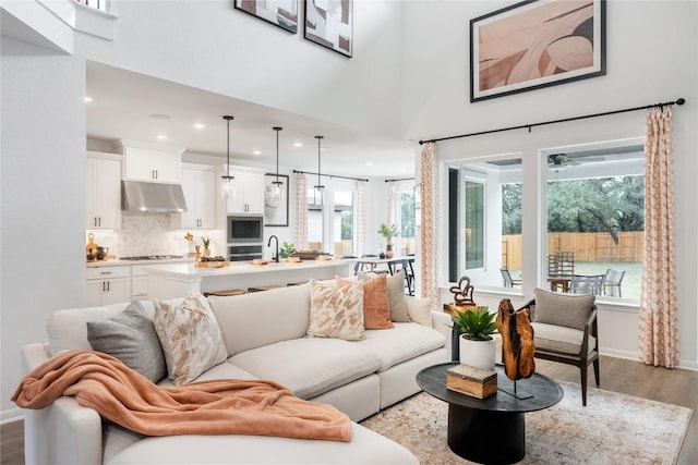 120 Amber Oak Ln, Georgetown, TX 78628 - living room featuring wood finished floors, plenty of natural light, recessed lighting, and ceiling fan