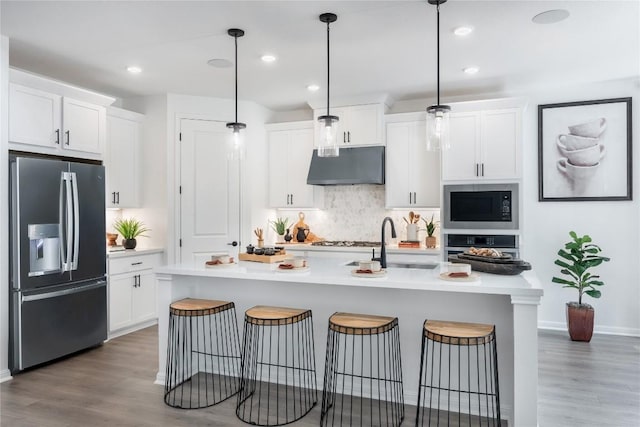 120 Amber Oak Ln, Georgetown, TX 78628 - kitchen featuring stainless steel appliances, under cabinet range hood, decorative backsplash, wood finished floors, and white cabinetry