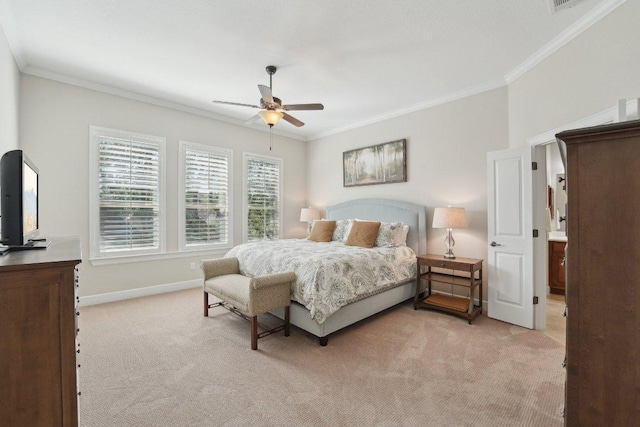 bedroom with ceiling fan, baseboards, ornamental molding, and light carpet
