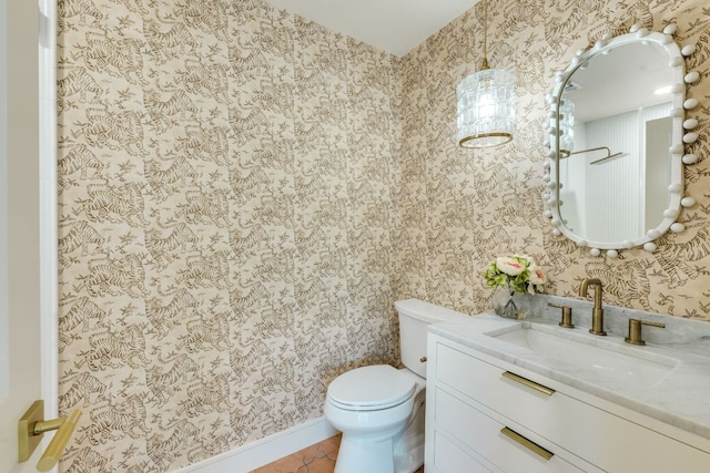 9909 Oliver Dr, Austin, TX 78736 - bathroom with wallpapered walls, vanity, a shower, and tile patterned floors