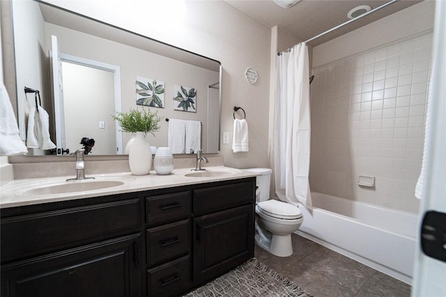 121 E Adelanta Pl, Round Rock, TX 78681 - bathroom featuring double vanity, shower / bathtub combination with curtain, toilet, and tile patterned floors