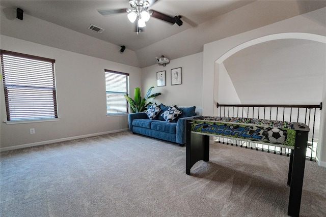 121 E Adelanta Pl, Round Rock, TX 78681 - game room featuring carpet flooring, ceiling fan, lofted ceiling, and baseboards