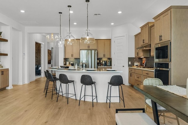 13615 Thomas Wheeler Way, Manor, TX 78653 - kitchen with stainless steel appliances, decorative backsplash, open shelves, a large island, and recessed lighting