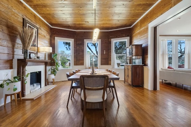 2124 Bluebonnet Ln, Austin, TX 78704 - dining space featuring wood ceiling, wood walls, wood finished floors, and a fireplace