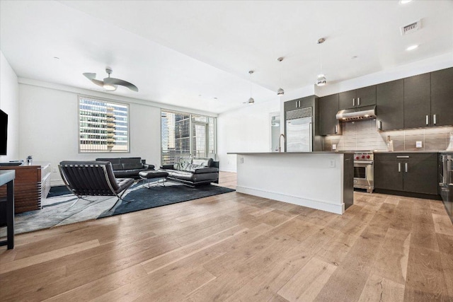 222 W Ave Unit 1213, Austin, TX 78701 - kitchen with under cabinet range hood, open floor plan, light wood finished floors, high end appliances, and decorative backsplash