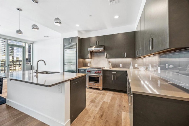 222 W Ave Unit 1213, Austin, TX 78701 - kitchen with high quality appliances, under cabinet range hood, a sink, light wood-style flooring, and backsplash