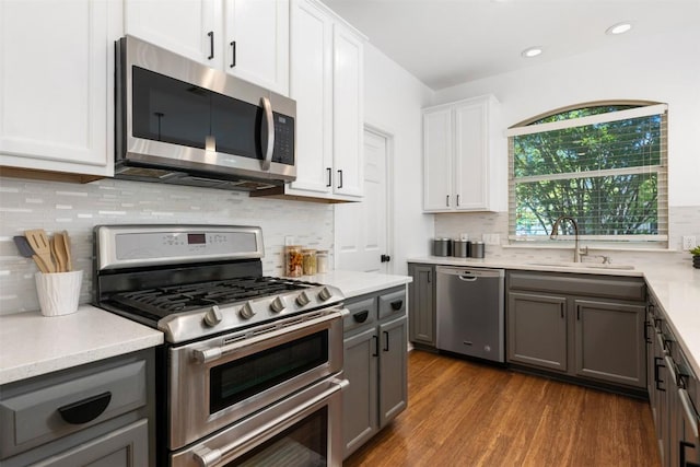 2126 Simbrah Dr, Cedar Park, TX 78613 - kitchen featuring stainless steel appliances, a sink, gray cabinets, dark wood-style floors, and recessed lighting