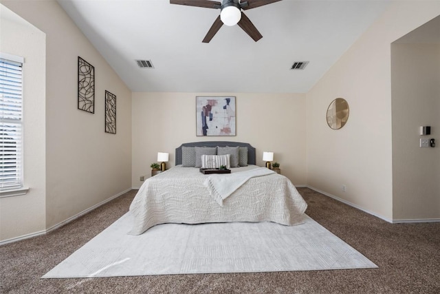 2126 Simbrah Dr, Cedar Park, TX 78613 - carpeted bedroom with vaulted ceiling, baseboards, and a ceiling fan