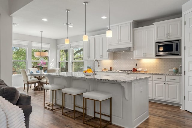 5621 Cypress Ranch Blvd, Spicewood, TX 78669 - kitchen with stainless steel appliances, recessed lighting, decorative backsplash, dark wood-style flooring, and under cabinet range hood