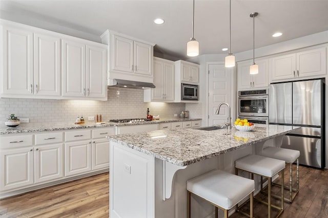 5621 Cypress Ranch Blvd, Spicewood, TX 78669 - kitchen with appliances with stainless steel finishes, light wood finished floors, white cabinetry, a kitchen bar, and under cabinet range hood