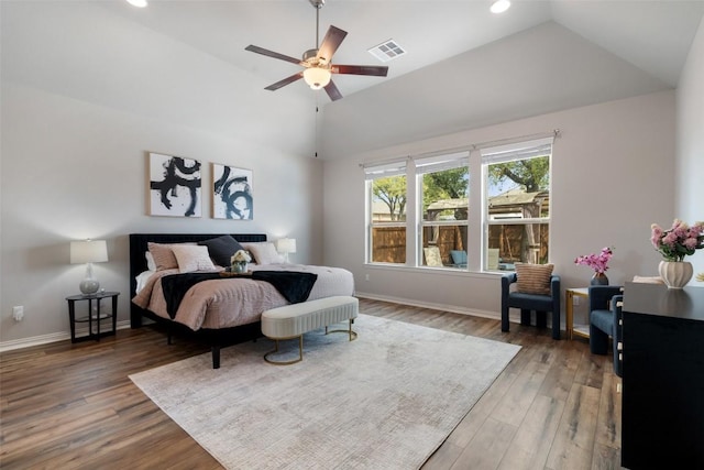 5621 Cypress Ranch Blvd, Spicewood, TX 78669 - bedroom featuring vaulted ceiling, wood finished floors, recessed lighting, and a ceiling fan