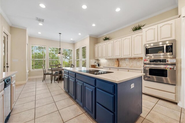 4321 Lakeway Blvd, Austin, TX 78734 - kitchen featuring stainless steel appliances, light tile patterned flooring, blue cabinets, backsplash, and a center island
