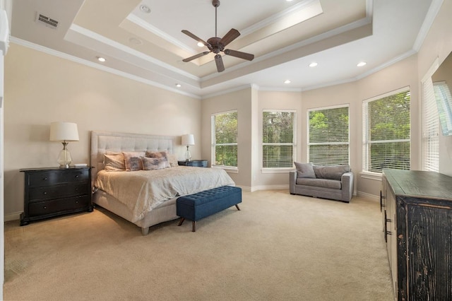 4321 Lakeway Blvd, Austin, TX 78734 - bedroom with a raised ceiling, light colored carpet, multiple windows, crown molding, and recessed lighting